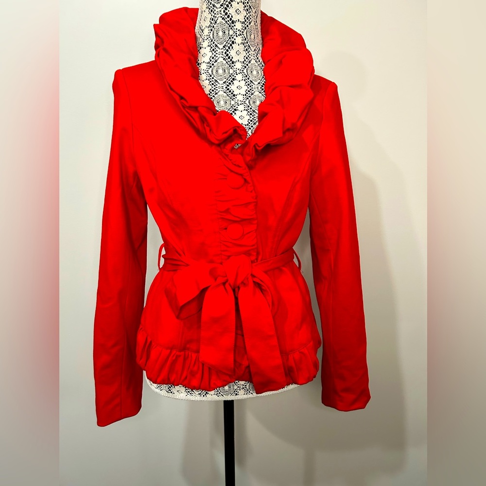 Red dramatic ruffle neck button jacket with peplum hem and matching belt medium
